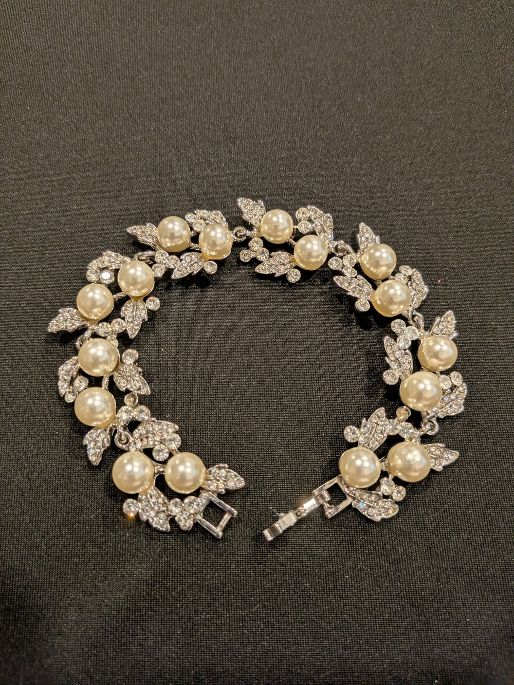 Pearl and Crystal Leaf Bracelet - Silver Tone
